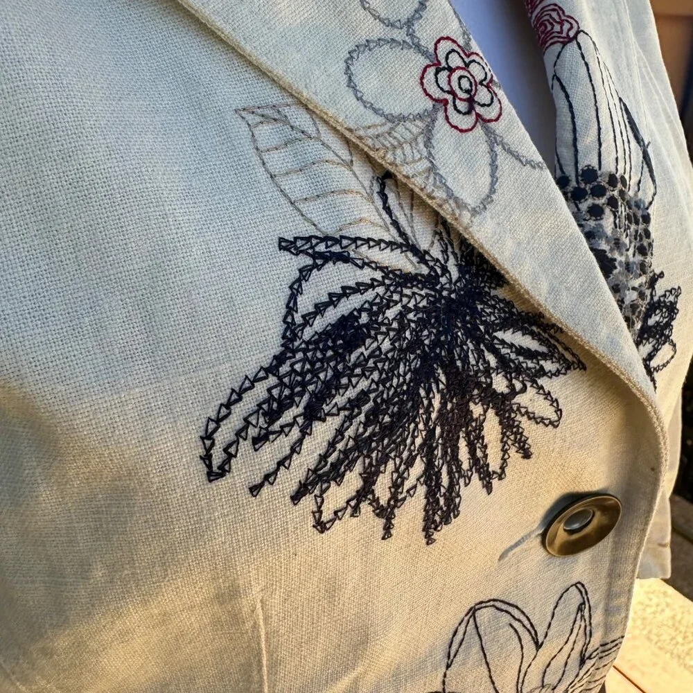 Vintage Multiples Embroidered Red Blue Cream Linen Blazer Size M - Picture 4 of 9